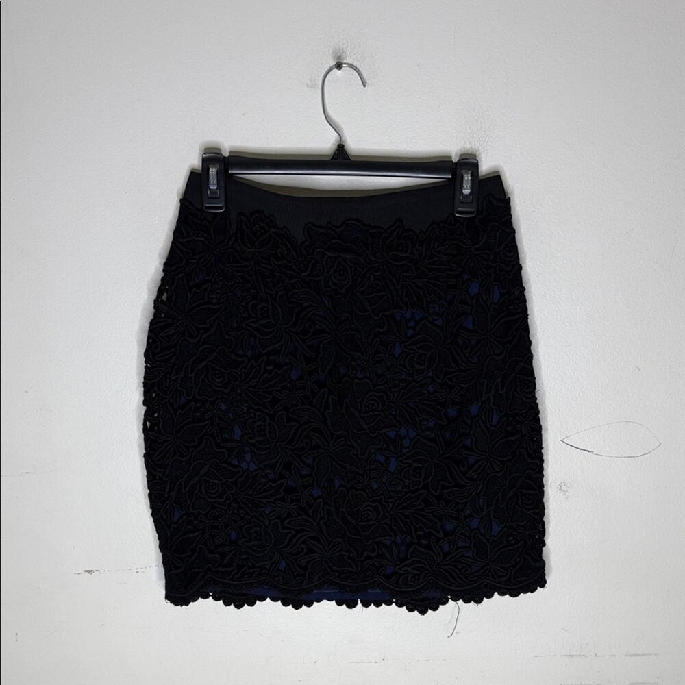 Elie Tahari Black Floral Lace w/ Blue Underlay Cotton Pencil Skirt Size 8